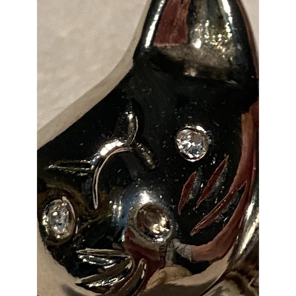 Silver Cat Ring Holder with Long Tail and Rhinestone‎ Eyes MCM Figurine Vtg
